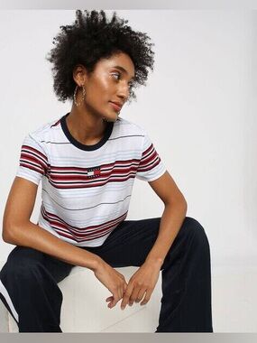 Tommy Hilfiger White Striped Tee with Red and Navy Accents